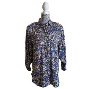 Vintage 80s Oscar de la Renta Expressions Abstract Print Button Front Blouse